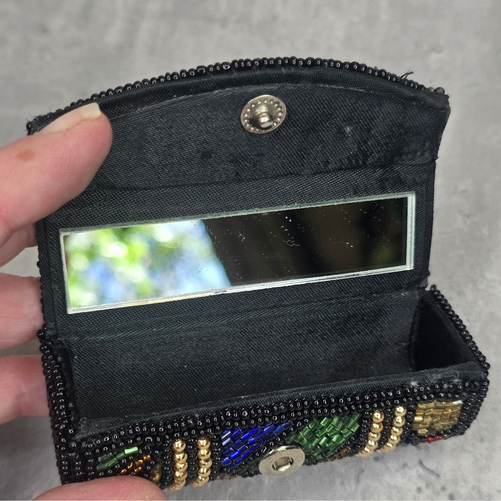 Vintage 80s Beaded Lipstick Case Mirror Geometric Mosaic Black Gold Multi Color - Picture 6 of 8
